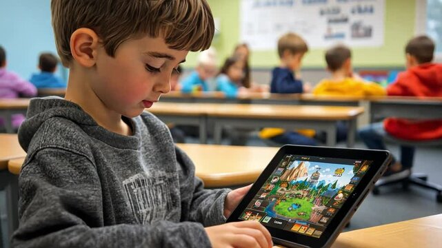 Interactive learning tools for students, demonstrating gamified lessons on a tablet in a modern classroom