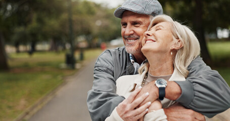 Smile, love and hug with old couple in park for retirement, happiness and wellness. Support, date and romance with senior man and woman walking in nature for partner, marriage and peace together