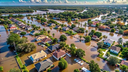 Fototapeta na wymiar Aerial view of flooded homes and buildings in a neighborhood, flooded, disaster, aerial view, homes