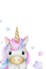 Unicorn and stars. Blank of Cute baby fairy tale horse. Isolated hand drawn watercolor frame. Template for kid's goods, invitations, cards, poster, baby shower and children's room