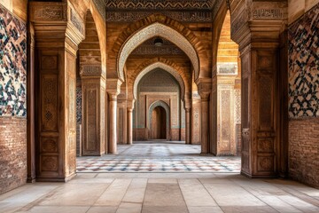 Obraz premium Stunning Interior of Historical Mosque with Intricate Wooden Arches and Decorated Walls