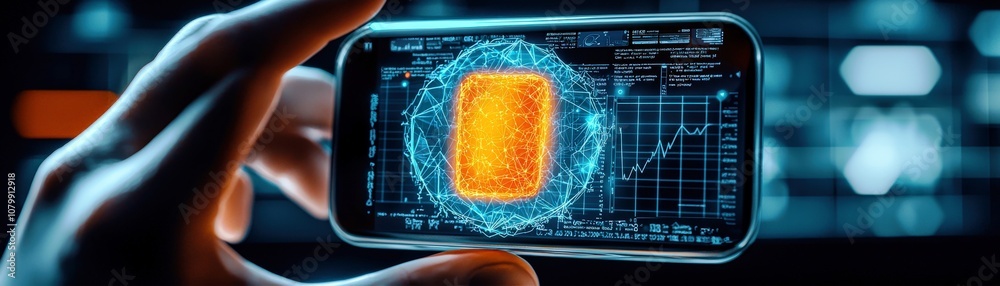 Poster innovative mobile technology visualization with data analytics and futuristic interface showcasing a