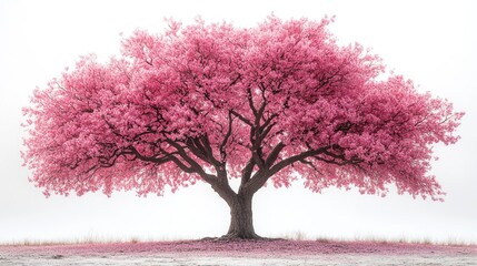 A vibrant pink flowering tree stands alone in a serene landscape.