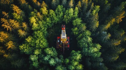 Aerial View of an Oil Drilling Rig Surrounded by a Vast Green Forest 