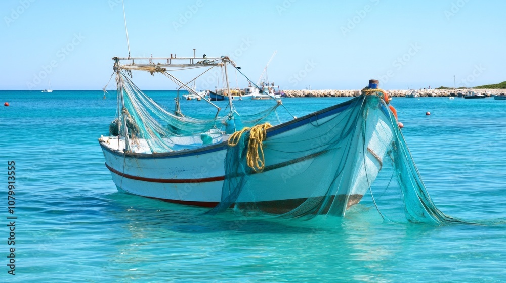 Poster A boat with a net on it is floating in the ocean