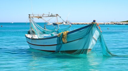 Obraz premium A boat with a net on it is floating in the ocean