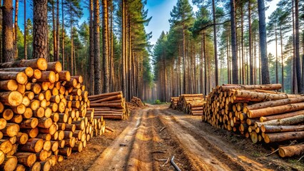 Timber harvesting in a pine forest for sustainable firewood production , Timber, pine forest, firewood
