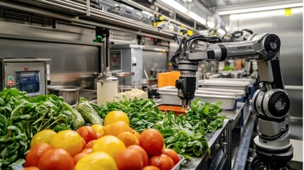 Modern Automated Kitchen with Robotic Arm Preparing Fresh Organic Vegetables in a High-Tech Food Processing Environment