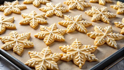 Fototapeta premium Snowflake-shaped sugar cookies baking for Christmas gifts, holiday, festive, homemade, cookies, baking, Christmas, snowflake