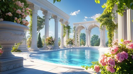 Fototapeta premium Beautiful Greek Marble Palace with Elegant Columns and Serene Pool 
