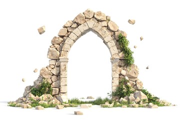 Fototapeta premium Weathered Stone Archway Surrounded by Greenery and Debris, Capturing the Beauty of Nature's Reclamation in an Isolated Space
