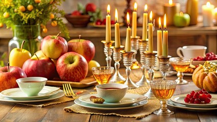 Naklejka premium A festive table setting for Rosh Hashanah celebration, Rosh Hashanah, Jewish New Year, apples, honey, pomegranate, challah