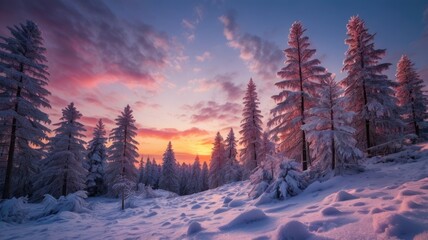 Scenic very frozen snowy young pine tree forest under scenic sunset skies