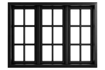 A black window with three panes and white frames isolated on transparent or white background, png