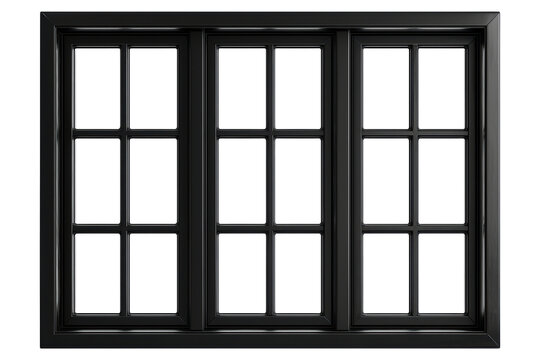 A black window with three panes and white frames isolated on transparent or white background, png