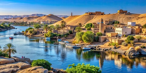 Scenic view of River Nile in Aswan, Egypt with a traditional Nubian village on the riverbank , Aswan, Egypt, River Nile