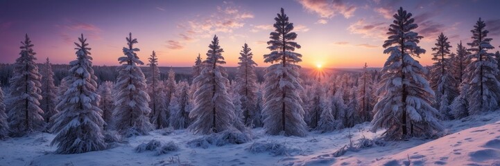 Scenic very frozen snowy young pine tree forest under scenic sunset skies
