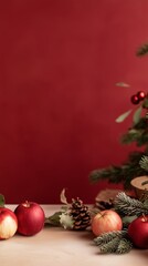 Red apples and pine boughs sit on a table in front of a red wall