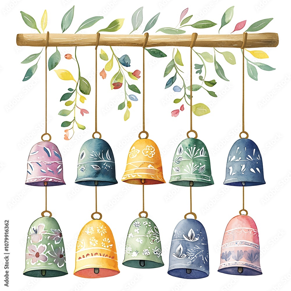 Canvas Prints Watercolor Illustration of a String of Bells with Floral Decorations.