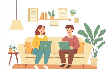 Man and woman on couch with laptops.