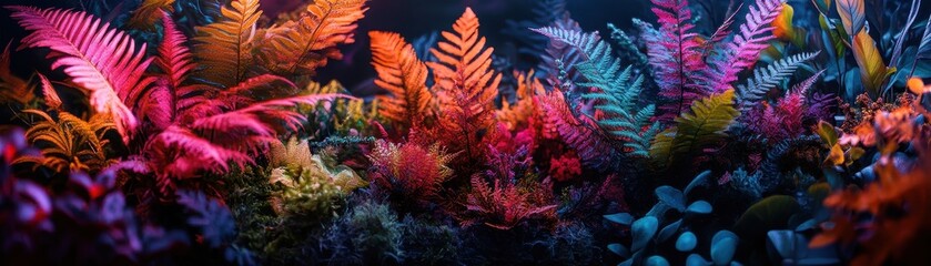 Fototapeta premium Lush undergrowth teeming with diverse flora, showcasing nature's vibrant ecosystem and rich biodiversity.