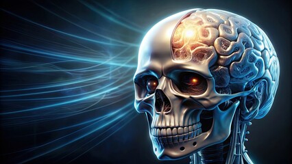 Cybernetic skull with exposed brain enhanced by robotic technology, cybernetic, skull