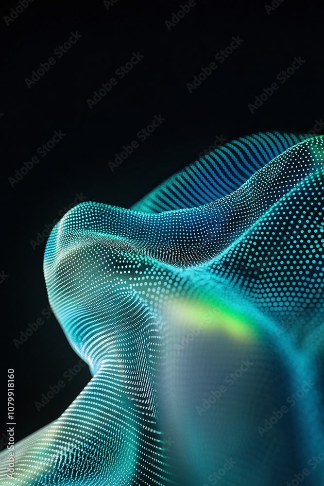 Poster Abstract 3D Digital Wave with Neon Glow and Flowing Lines Against Dark Background, Representing Technology and Modern Science, Visualization of Data and Information