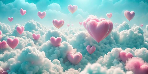 Whimsical and romantic scene of pink hearts floating among fluffy clouds in a dreamy, turquoise sky , love, romance, dreamy