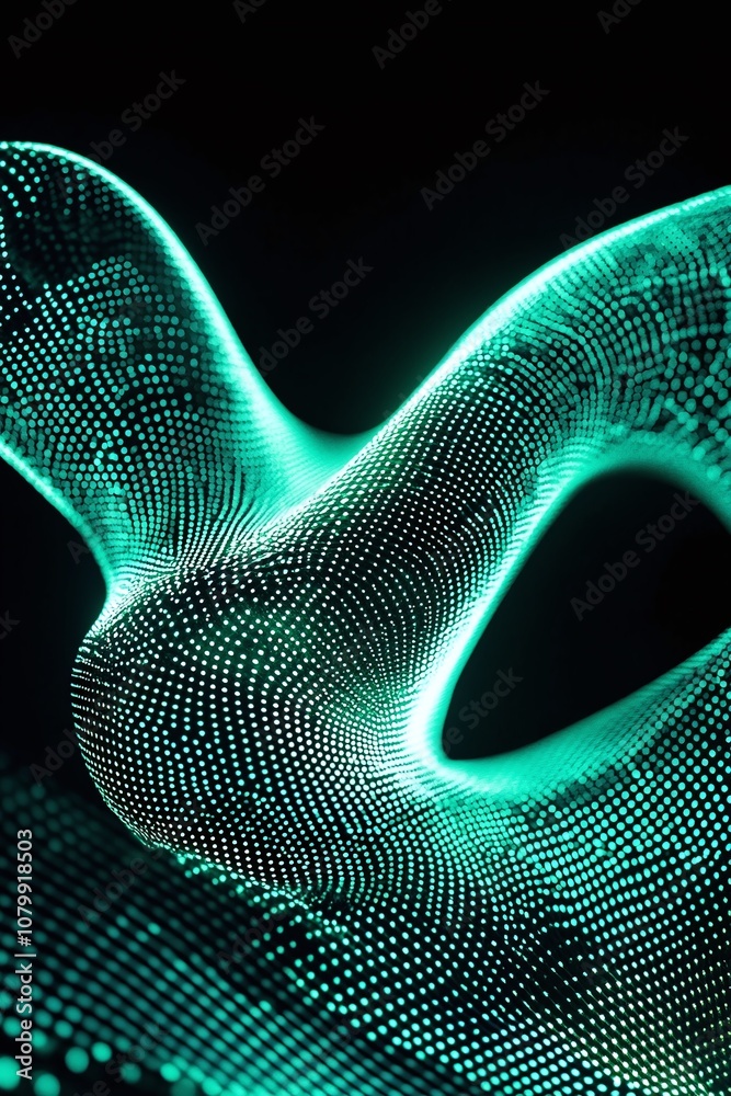 Poster abstract 3d rendering of luminous, flowing lines creating a wave-like structure with vibrant dots, s