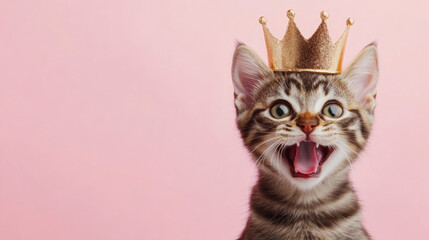 Obraz premium Photo of a smile happy cat kitty wear crown cheerful on pink cute pet background. graphic design adorable wallpaper for advertising celebration birthday party animal vet 