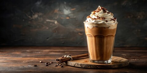 Iced coffee topped with fluffy whipped cream and chocolate shavings, refreshing, beverage, summer drink, cold brew, coffee
