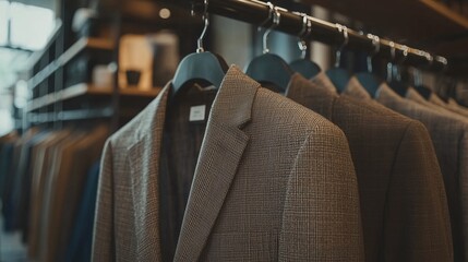 Obraz premium Close up brown luxurious suits hanging on row bar in clothing shop