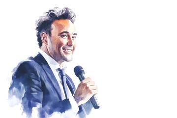 Naklejka premium A man in a suit is smiling and holding a microphone