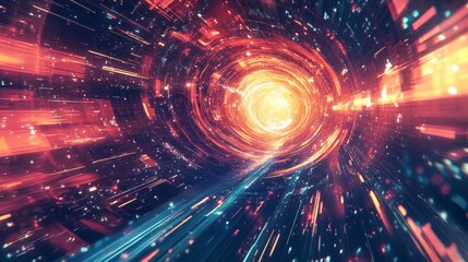 Naklejka premium A stunning illustration of swirling data streams with neon highlights and explosive elements, capturing the essence of hyper-speed travel, isolated on a dark backdrop