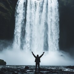 Obraz premium Silhouetted Figure Stands Before Majestic Waterfall Capturing Power of Nature and Human Spirit