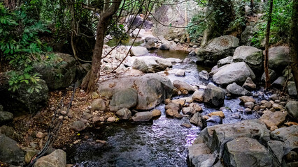Clear River Flowing Between Rocks in a Scenic Landscape