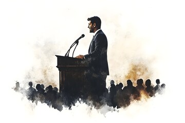 A man stands at a podium in front of a crowd