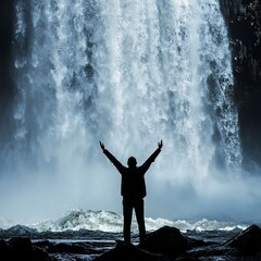 Obraz premium Powerful Waterfall Silhouette Person Embracing Nature s Majesty