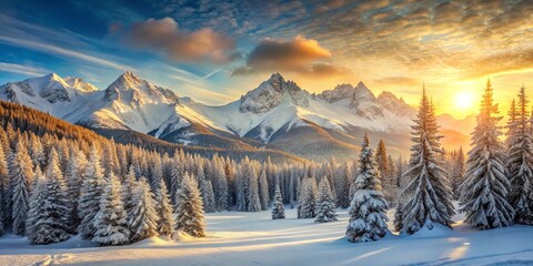 Golden Hour Serenity A Snowy Mountain Landscape with Majestic Peaks and a Tranquil Forest at Sunset