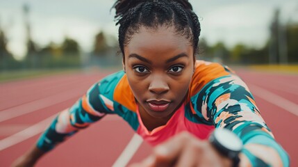 Focused Female Athlete Stretching Before Race on Track, Determination and Strength in Sportswear, Preparing for Competition in Outdoor Environment
