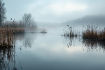 Foggy morning on still lake with reeds reflecting in water.