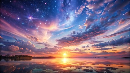 Obraz premium A Celestial Symphony A Serene Sunset Reflected in Calm Waters with a Canvas of Stars and Wispy Clouds