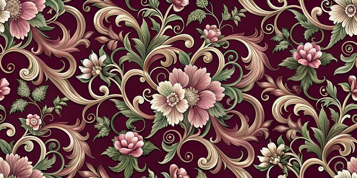 Intricate floral patterns on a rich maroon background, featuring delicate blooms and ornate vines with graceful swirls and elegant leaves.
