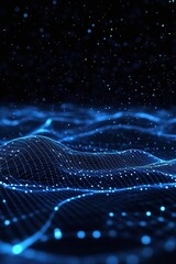 Abstract Blue Digital Wave with Glowing Particles Creating a Futuristic Background for Technology, Science, and Innovation Themes in Stock Photography