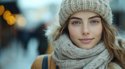 Young woman with blue eyes wearing a knitted hat and scarf looking at the camera.