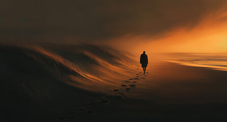 A man walks along the beach at sunset, leaving footprints in the sand and dunes, creating an atmosphere
