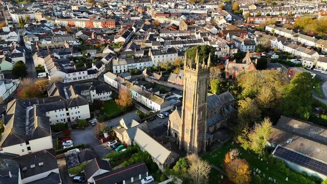 Aerial View of Holy Trinity Church Barnstaple, Gothic Architecture, Evening Light, and residential
