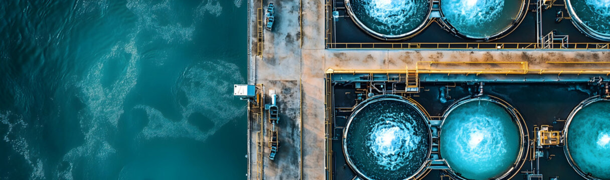 Aerial view of a large water treatment facility, showcasing purification processes  -