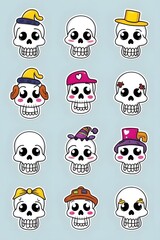 Cute Cartoon Skulls with Various Hats and Accessories - Fun and Playful Illustration