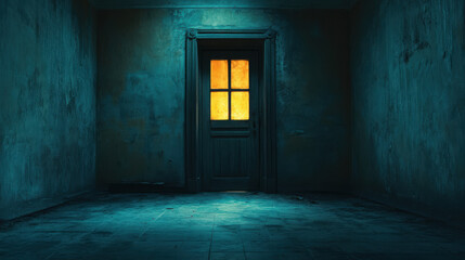 Obraz premium dark room illuminated by glowing door, creating mysterious atmosphere. cracked walls and eerie light evoke feelings of curiosity and suspense